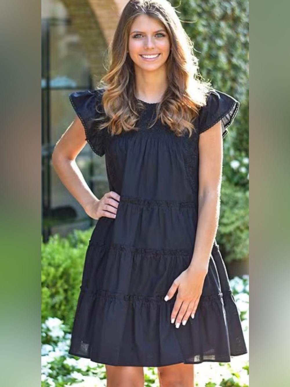 J. Marie Black Embroidered Tiered Ruffle Cap Sleeve Dress with Pockets